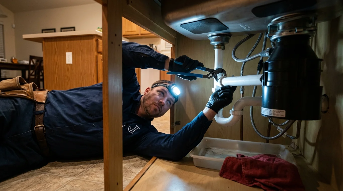 P-trap and supply line connections under a kitchen sink showing a common leak point in Riverdale, GA